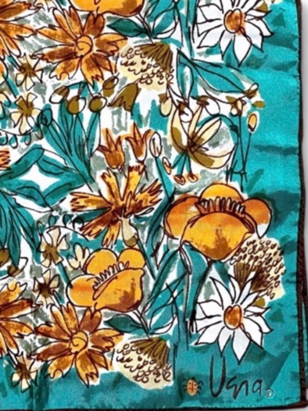 Vera Neumann Vintage 1970s Floral Acetate Scarf Flowers Orange Teal Japan Made